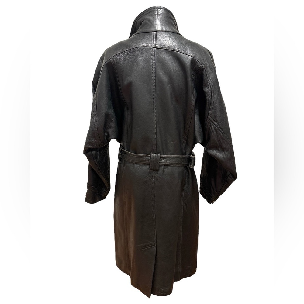 BLACK LEATHER BELTED GRUNGE PUNK GOTH TRENCH COAT FRENCH VERSION FRANCAISE SZ L - Picture 6 of 17